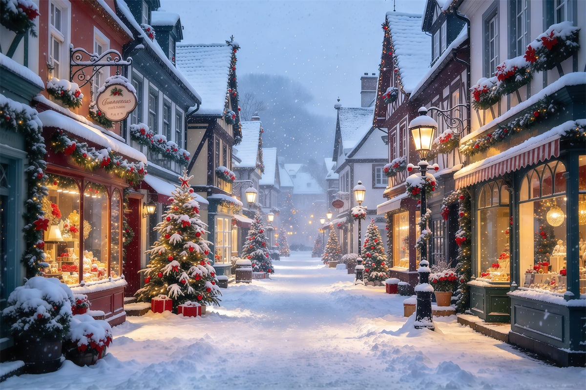 Christmas Village Backdrops Winter Snowy European Street Christmas Street Backdrop GQ610-23