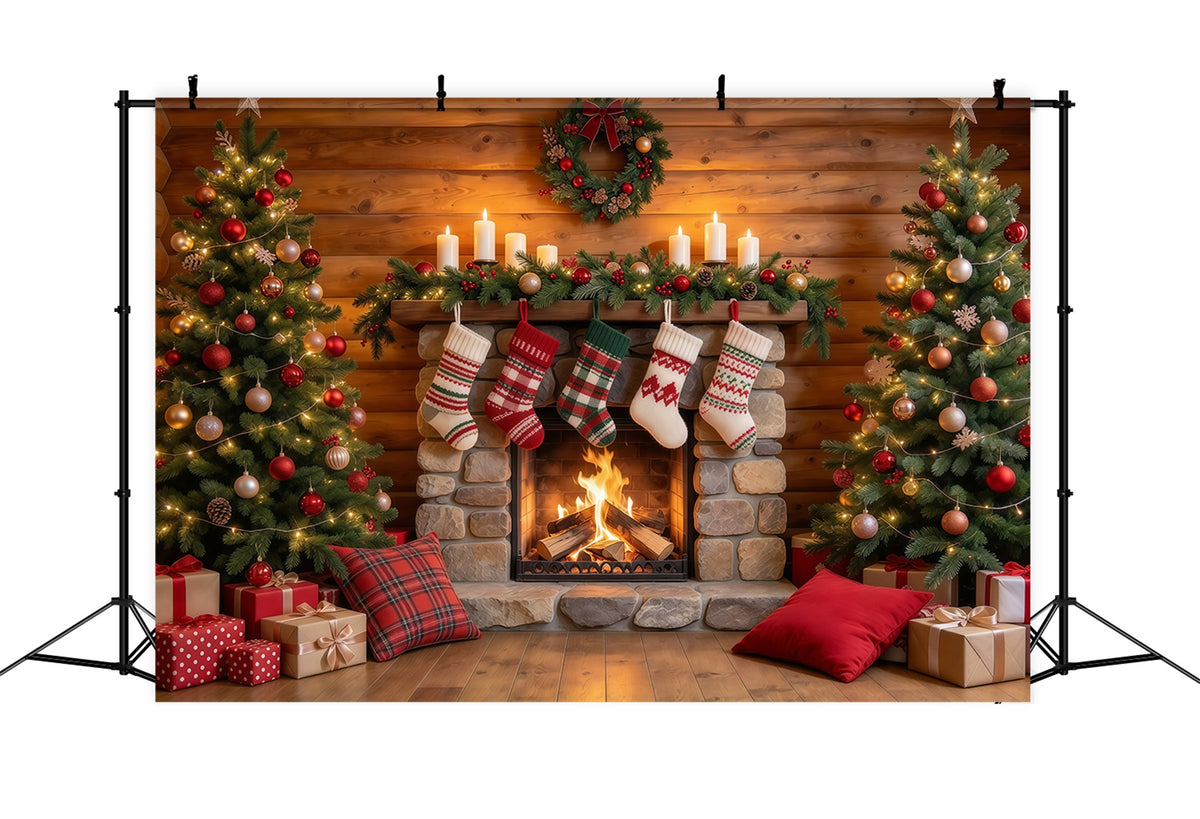 Christmas Fireplace Backdrop Rustic Stone Fireplace Stockings Christmas Backdrop for Photography GQ610-24