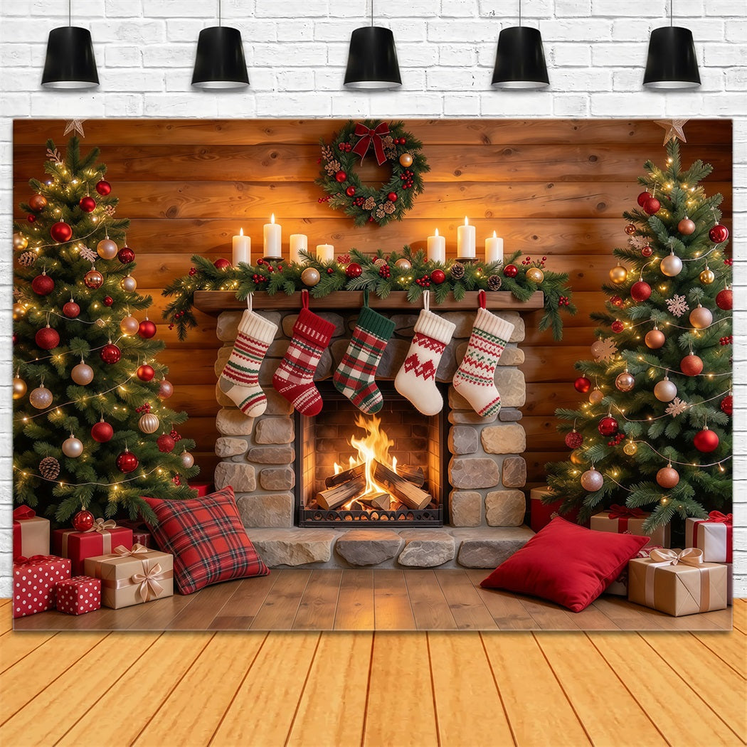 Christmas Fireplace Backdrop Rustic Stone Fireplace Stockings Christmas Backdrop for Photography GQ610-24