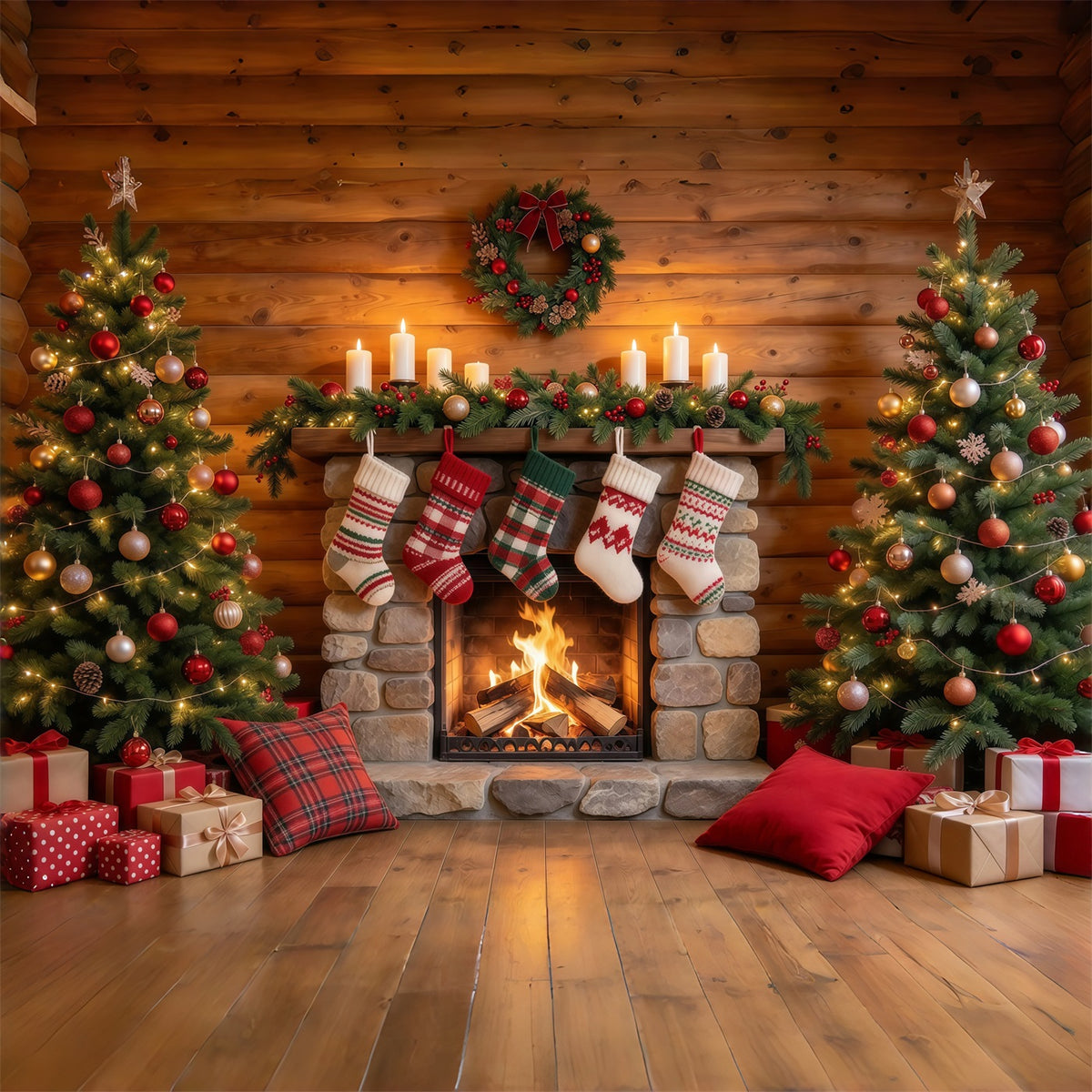 Christmas Fireplace Backdrop Rustic Stone Fireplace Stockings Christmas Backdrop for Photography GQ610-24