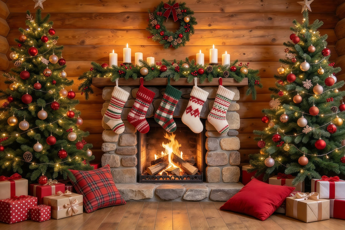 Christmas Fireplace Backdrop Rustic Stone Fireplace Stockings Christmas Backdrop for Photography GQ610-24