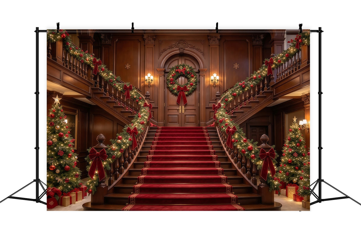 Christmas Scene Backdrop Garlanded Wooden Grand Staircase Christmas Staircase Backdrop GQ610-25