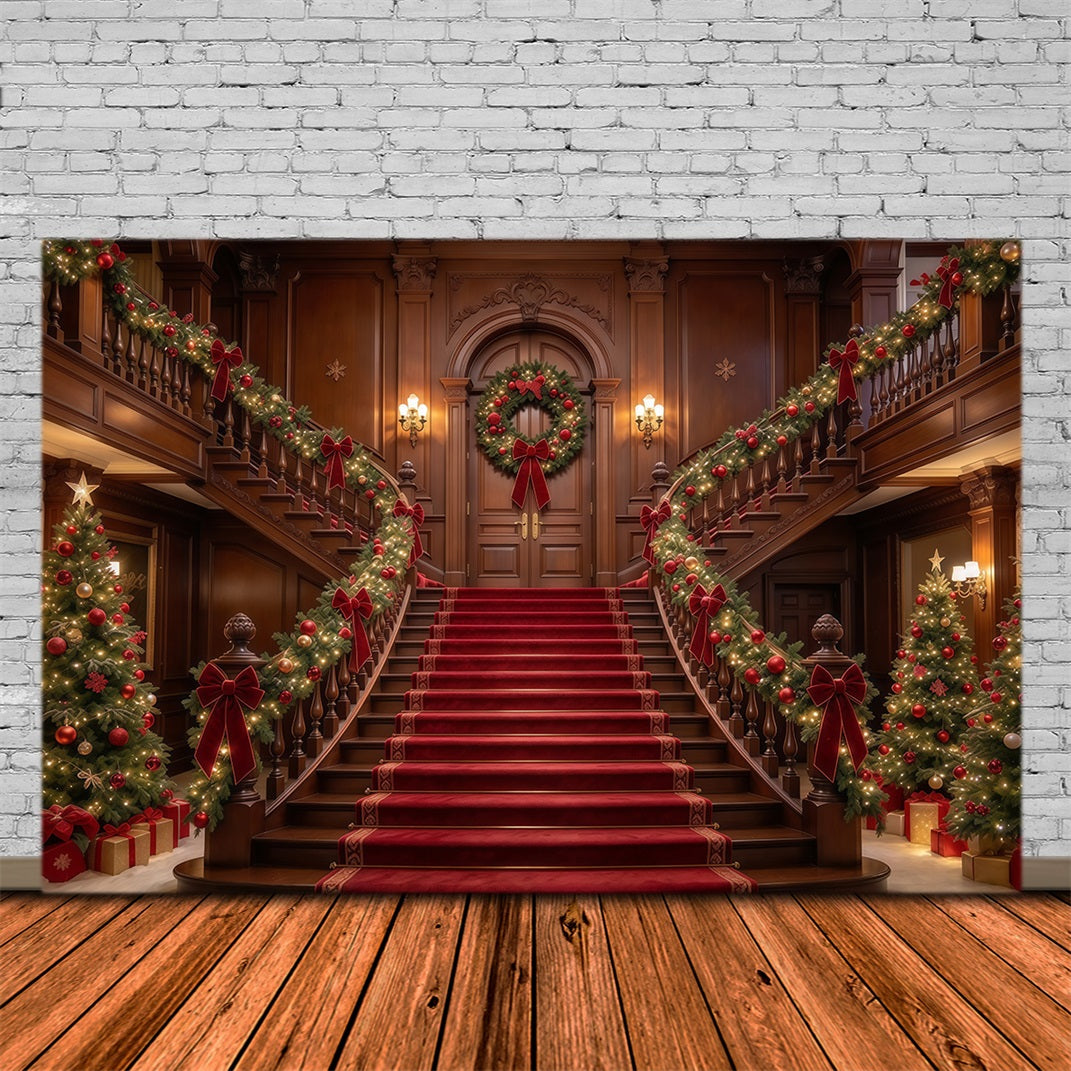 Christmas Scene Backdrop Garlanded Wooden Grand Staircase Christmas Staircase Backdrop GQ610-25