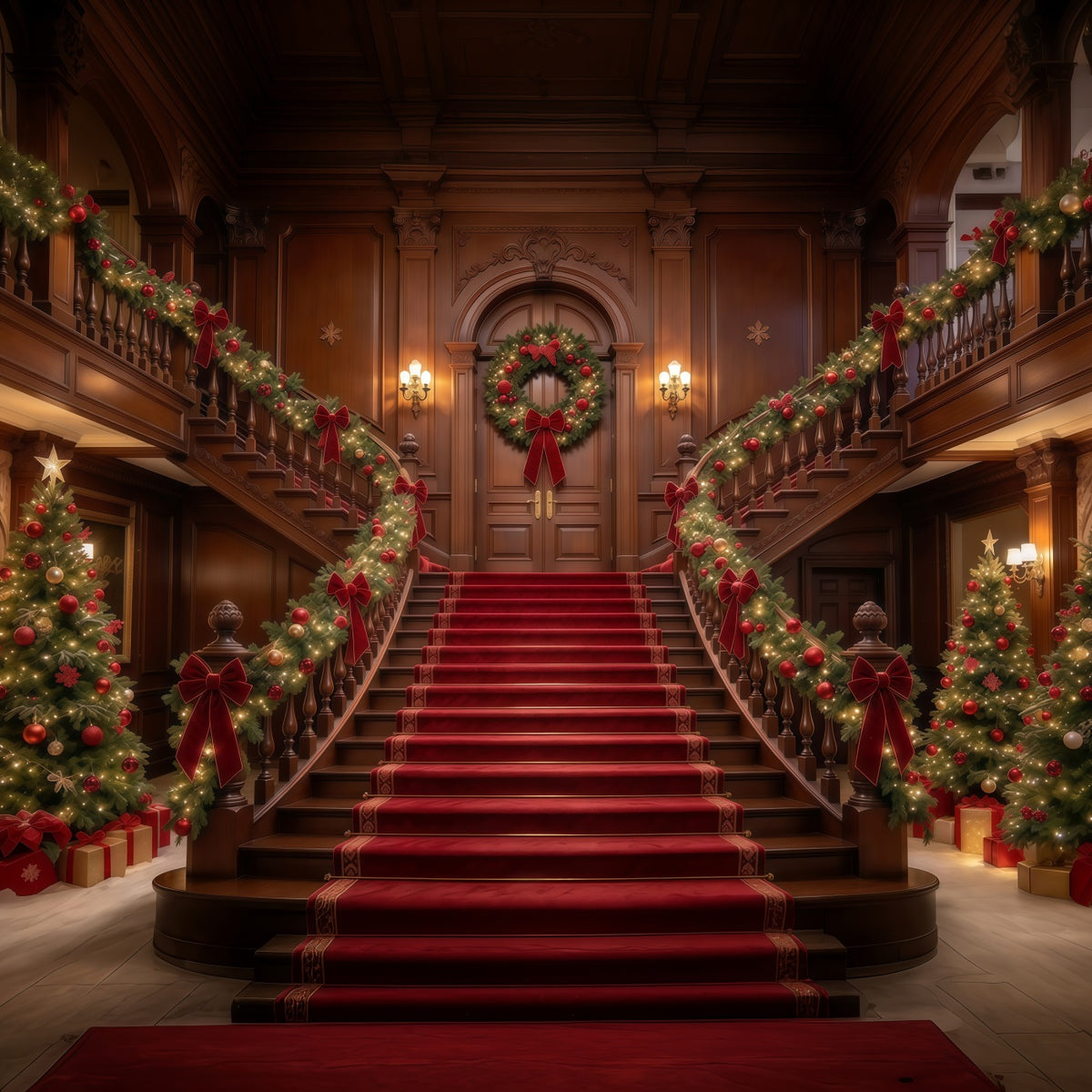 Christmas Scene Backdrop Garlanded Wooden Grand Staircase Christmas Staircase Backdrop GQ610-25