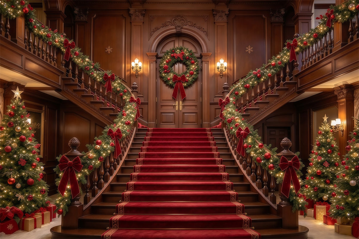 Christmas Scene Backdrop Garlanded Wooden Grand Staircase Christmas Staircase Backdrop GQ610-25