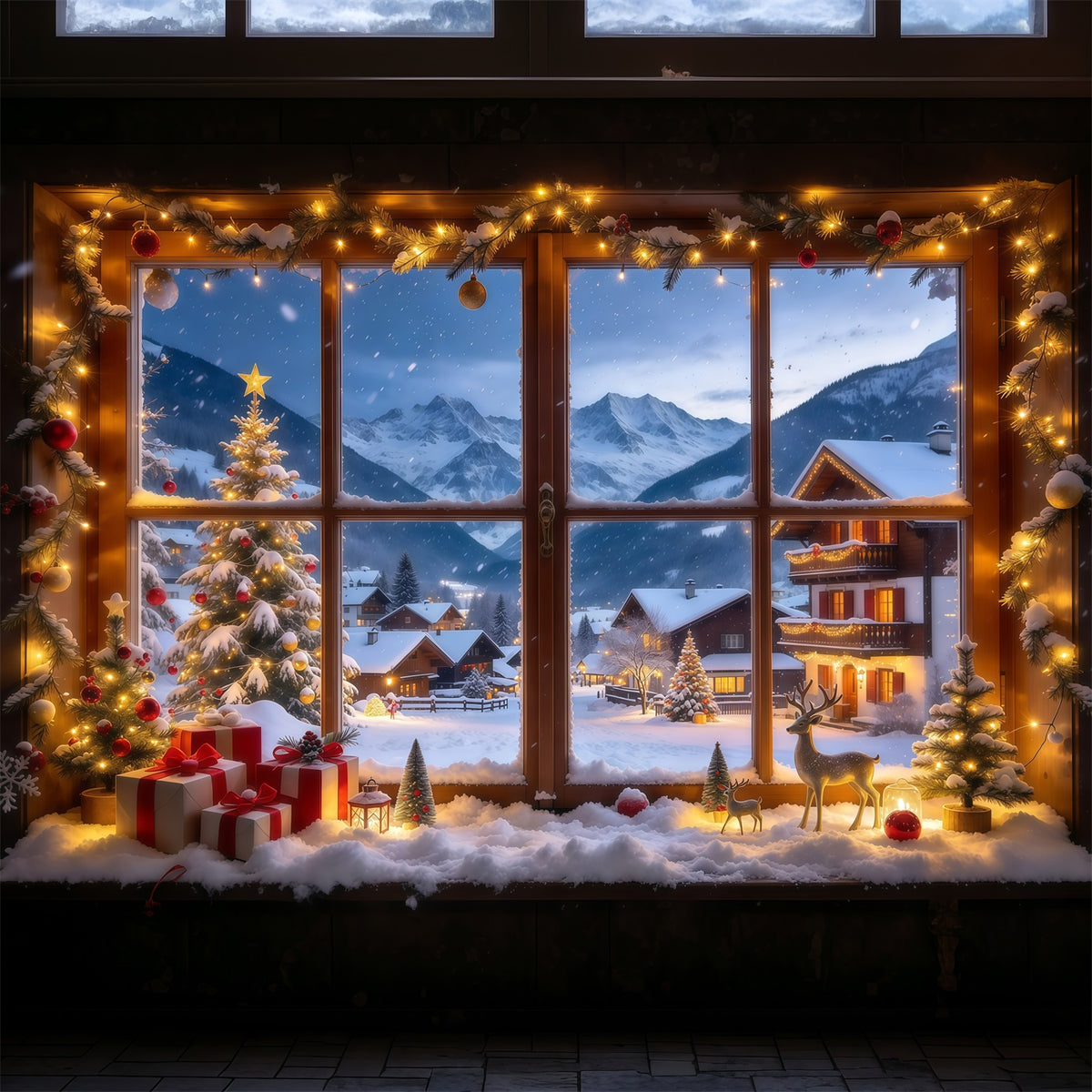 Winter Christmas Backdrop Snowy Alpine Village Window Christmas Village Backdrops GQ610-27