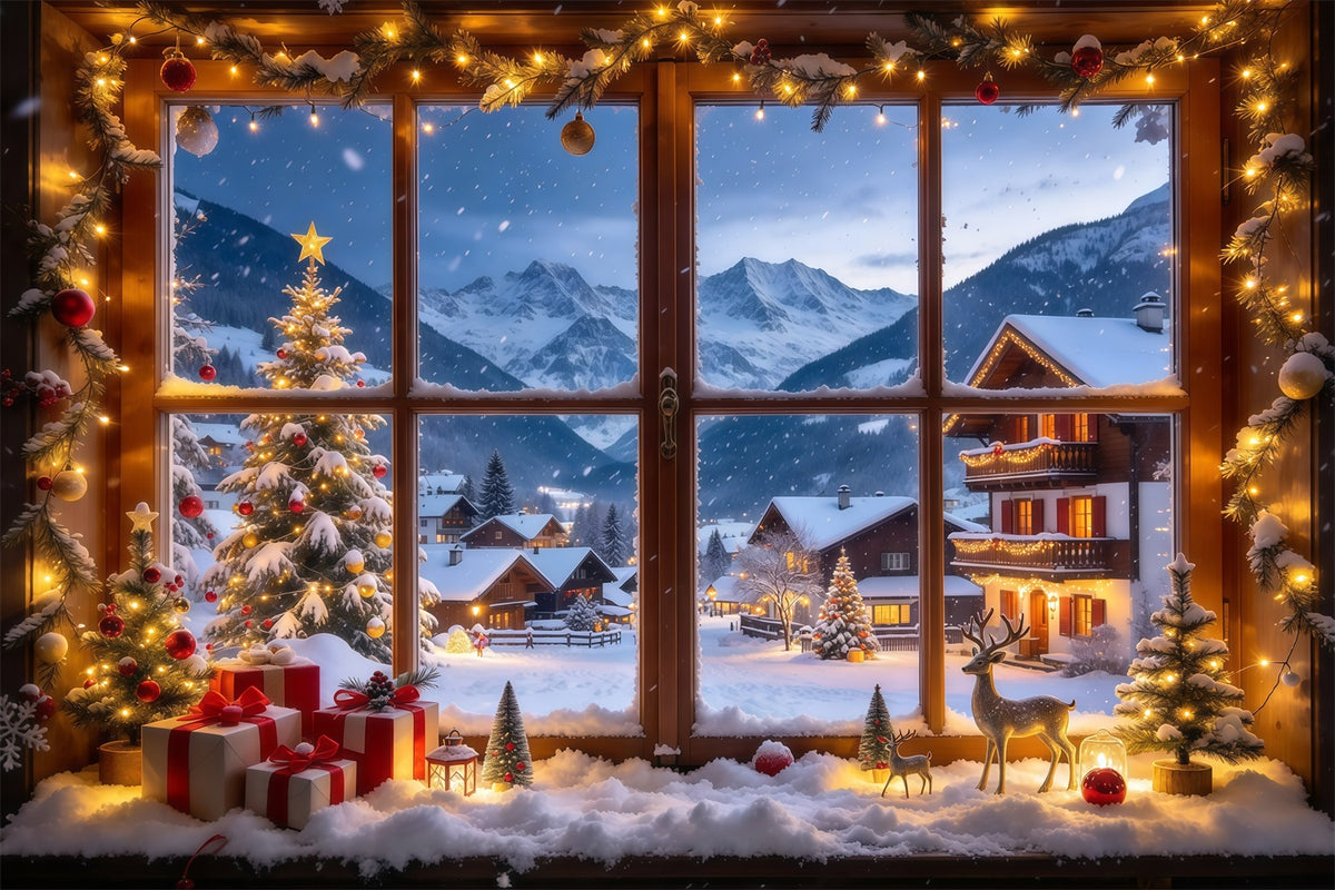 Winter Christmas Backdrop Snowy Alpine Village Window Christmas Village Backdrops GQ610-27