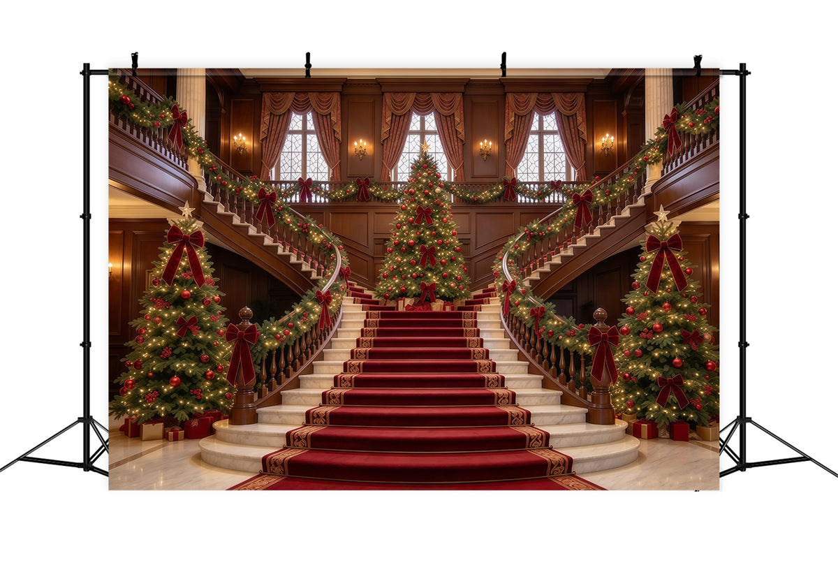 Living Room Christmas Backdrop Marble Staircase Evergreen Elegance Christmas Wall Backdrop GQ610-28