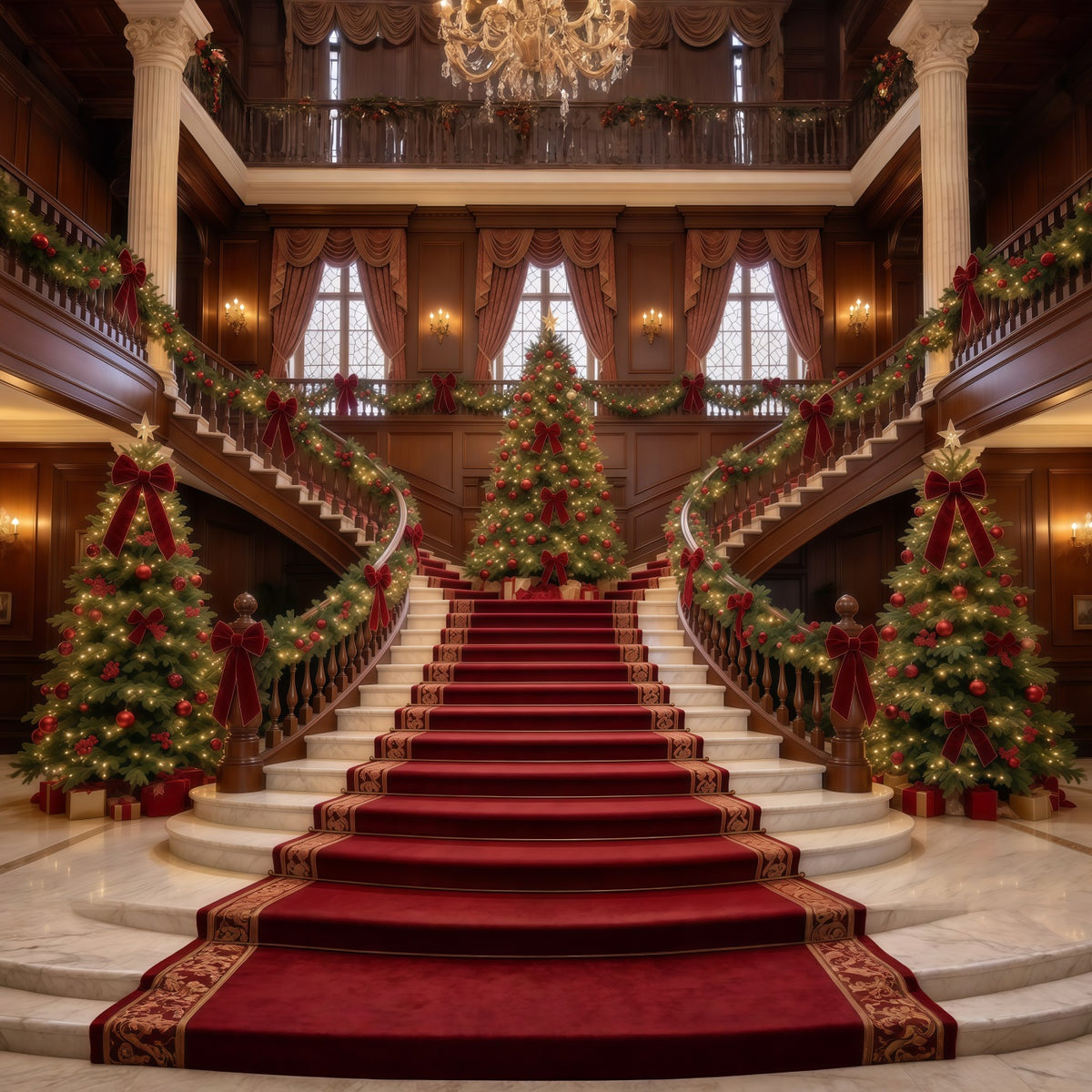 Living Room Christmas Backdrop Marble Staircase Evergreen Elegance Christmas Wall Backdrop GQ610-28