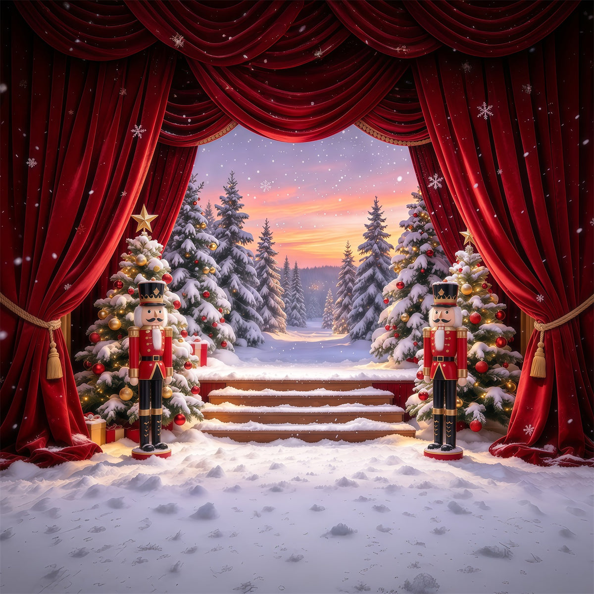Christmas Theme Backdrop Snowy Forest Stage Curtain Nutcracker Backdrops GQ610-29