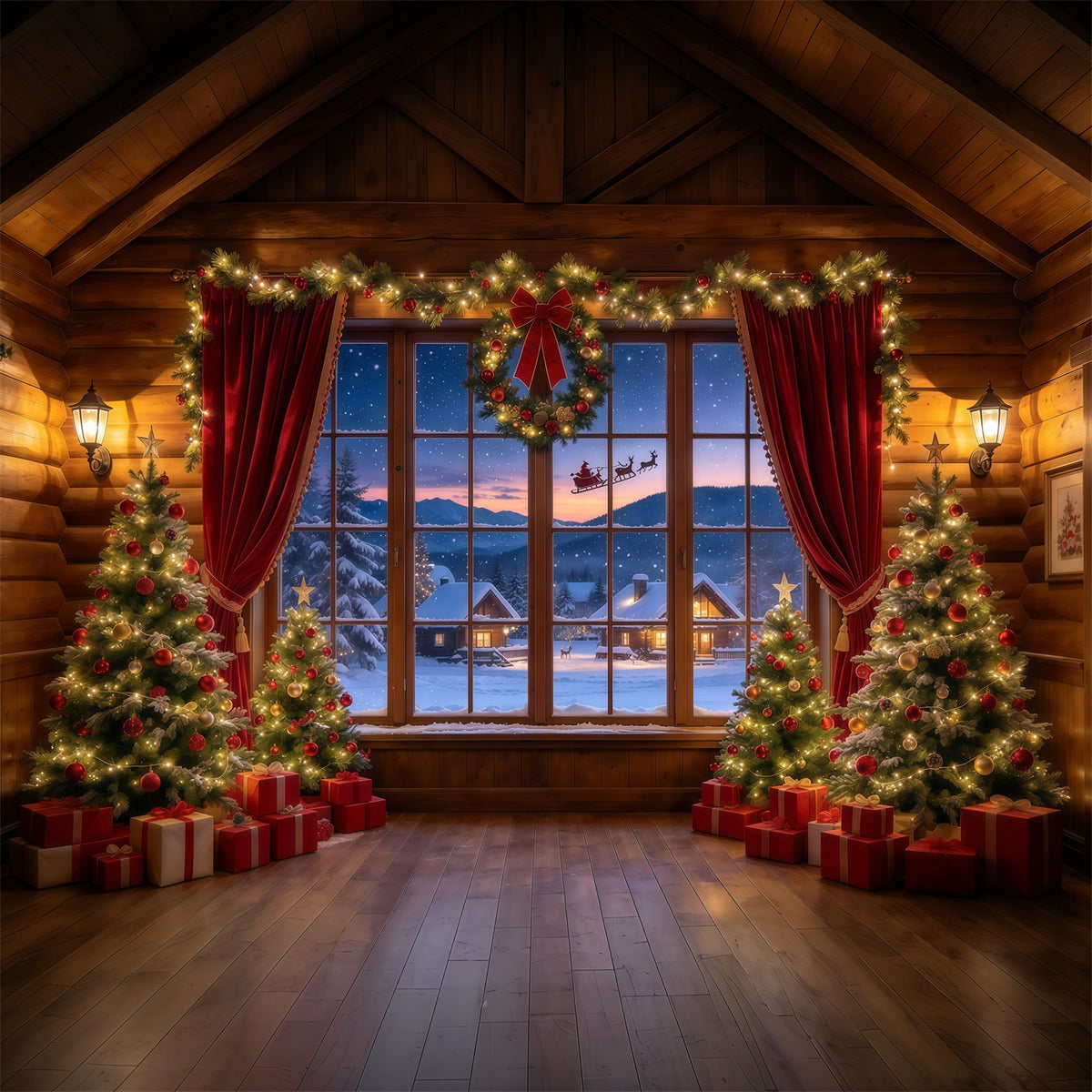 Santa Backdrop Rustic Cabin Sleigh Window Christmas Backdrops GQ610-3
