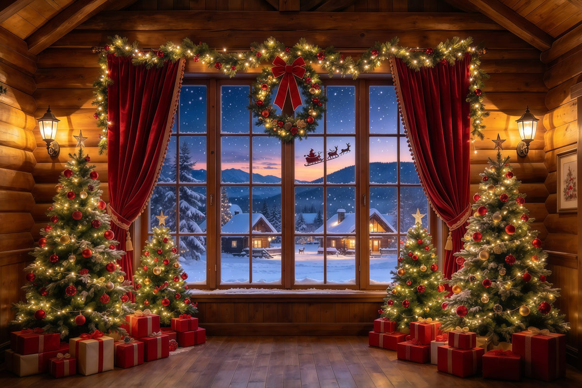 Santa Backdrop Rustic Cabin Sleigh Window Christmas Backdrops GQ610-3