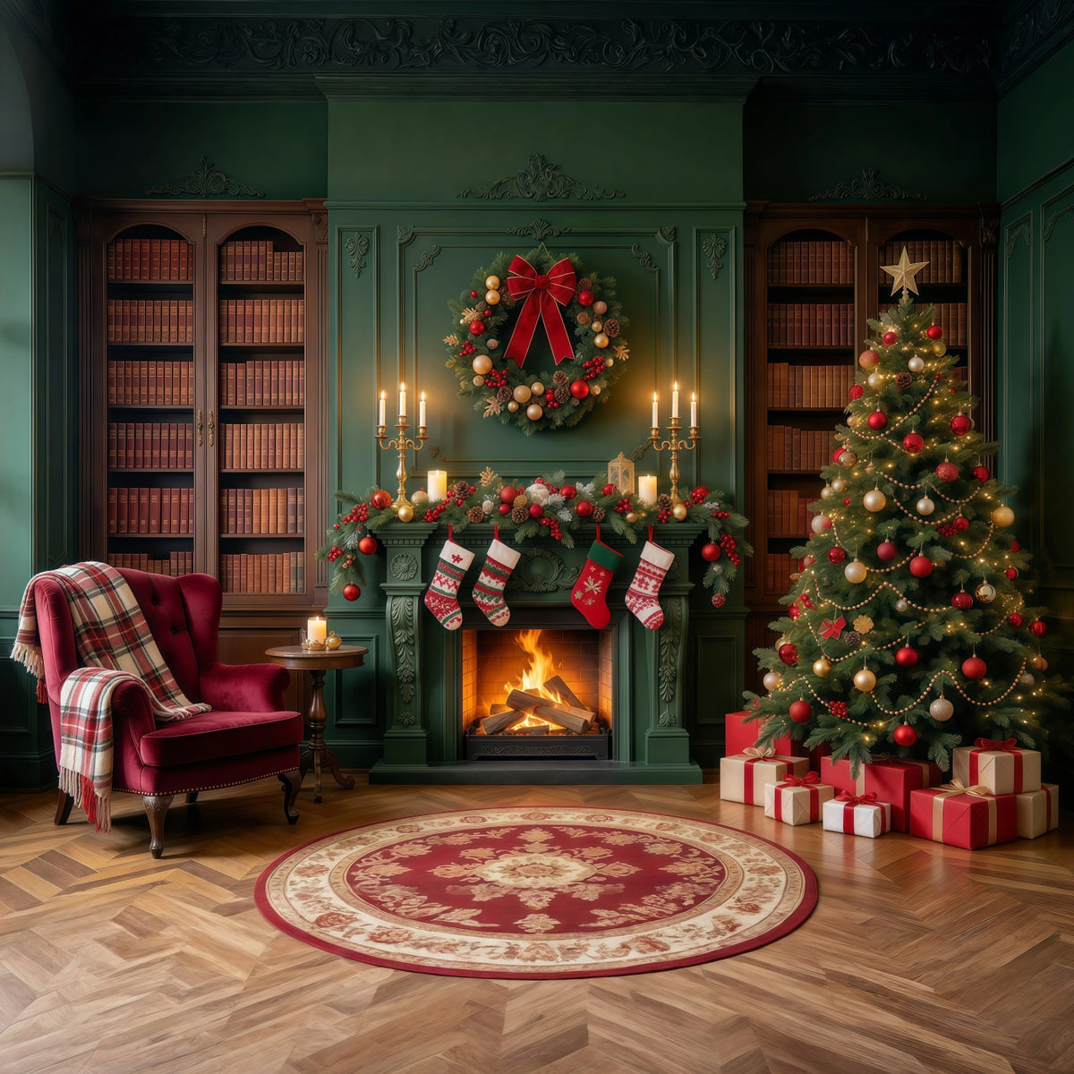 Christmas Fireplace Backdrops Vintage Emerald Library Stockings Christmas Scene Backdrop GQ610-30