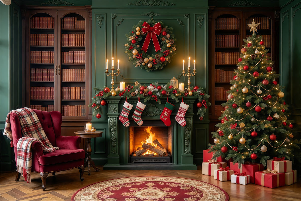 Christmas Fireplace Backdrops Vintage Emerald Library Stockings Christmas Scene Backdrop GQ610-30