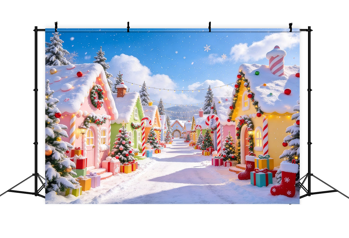 Christmas Village Backdrops Pastel Candy Cottage Snow Christmas Photo Backdrop GQ610-31