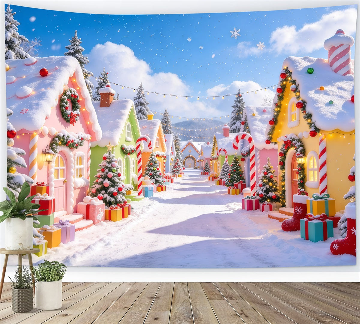 Christmas Village Backdrops Pastel Candy Cottage Snow Christmas Photo Backdrop GQ610-31