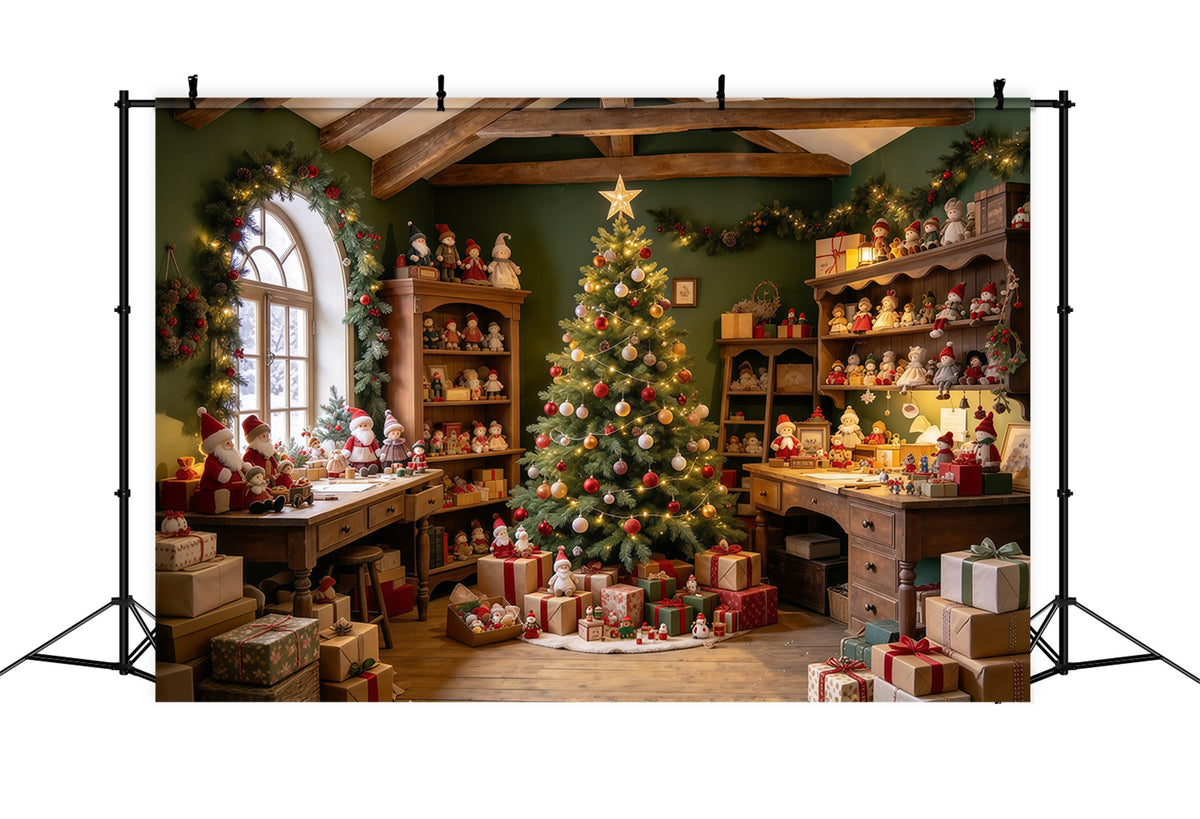 Santa Backdrop Rustic Toy Workshop Display Christmas Backdrop GQ610-32