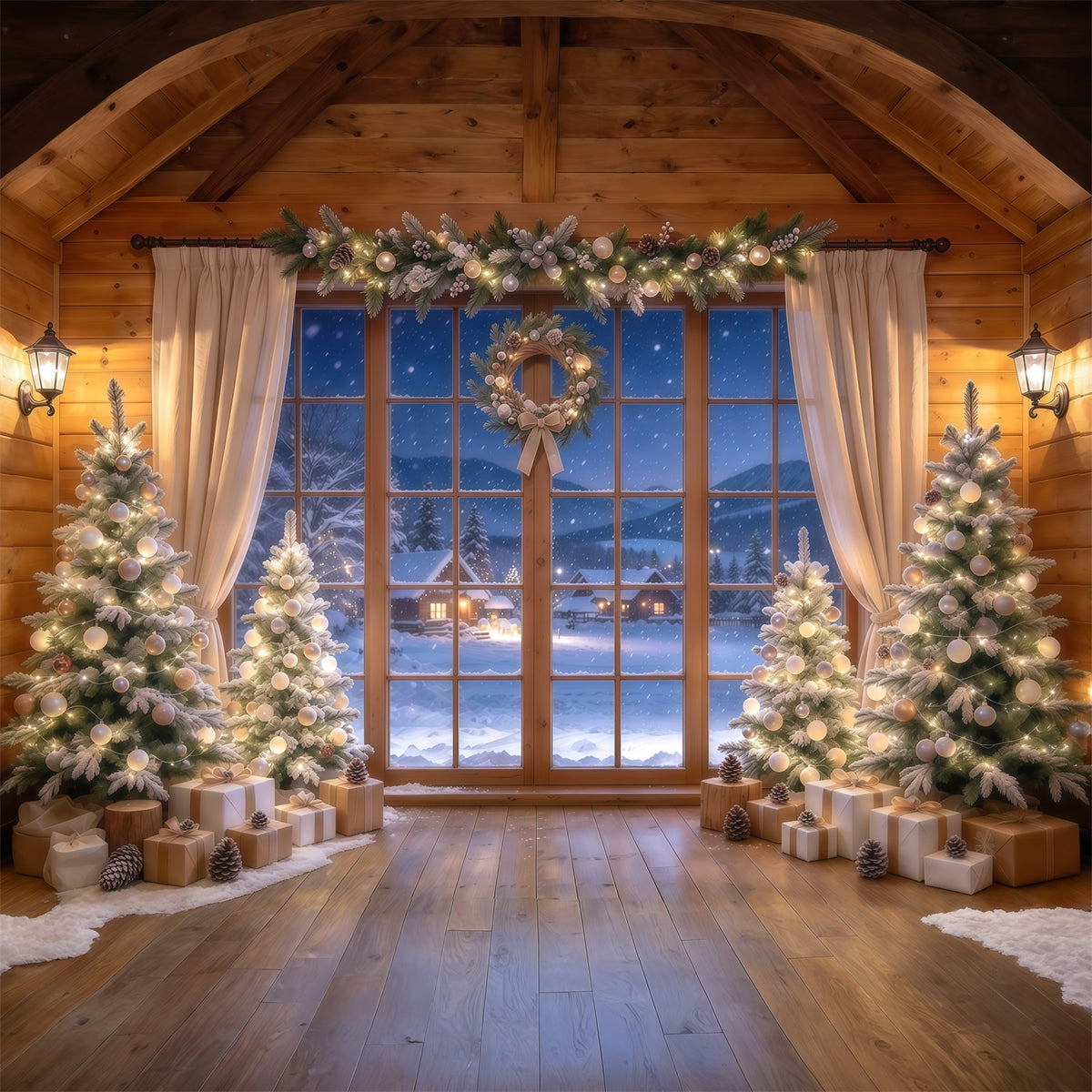 Santa Backdrop Champagne Fir Window Display Christmas Backdrops GQ610-33