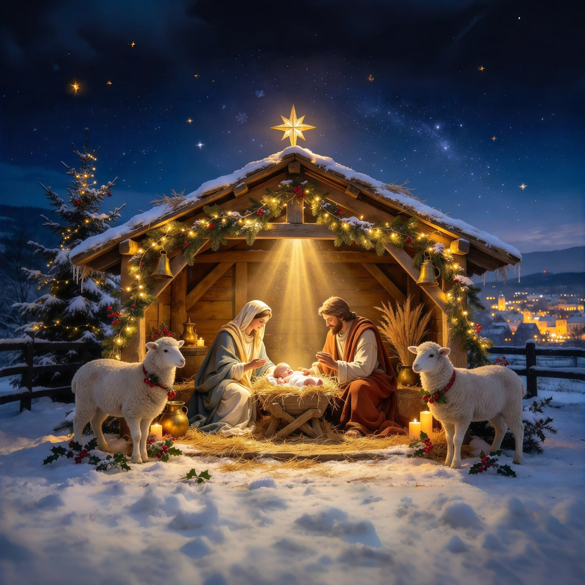 Nativity Scene Backdrop Golden Star Manger Stable Christmas Photo Backdrops GQ610-34