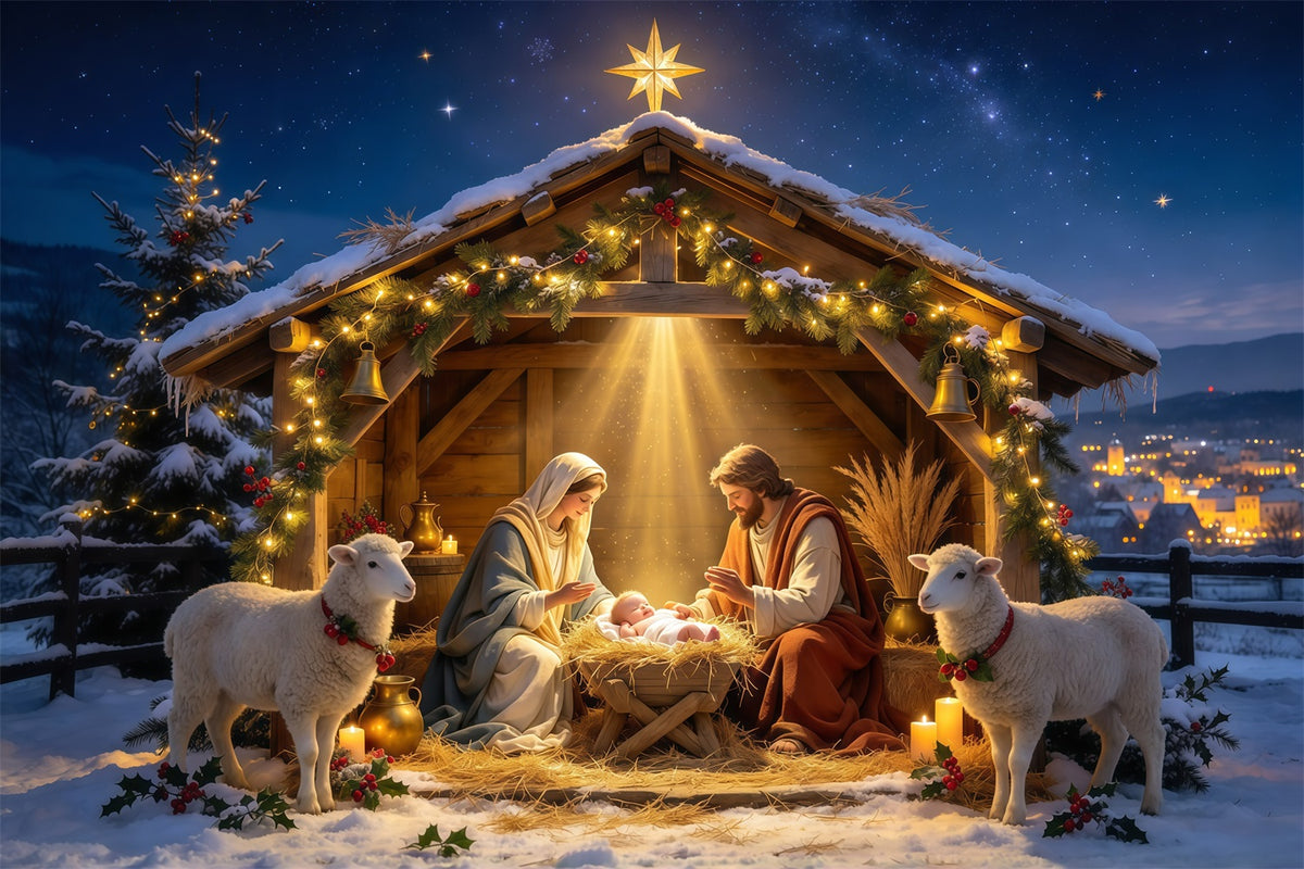Nativity Scene Backdrop Golden Star Manger Stable Christmas Photo Backdrops GQ610-34