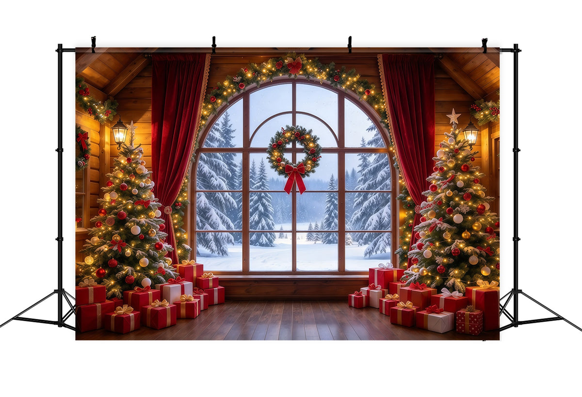 Christmas Backdrops Crimson Curtain Winter Window Christmas Backdrop for Photos GQ610-35