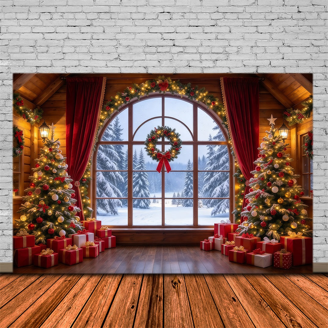 Christmas Backdrops Crimson Curtain Winter Window Christmas Backdrop for Photos GQ610-35