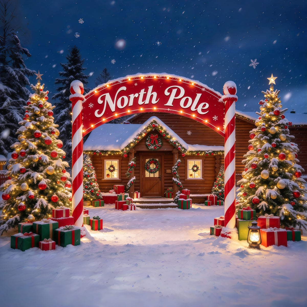 North Pole Photo Backdrop Winter Snow Lodge Gateway Professional Christmas Backdrop GQ610-36