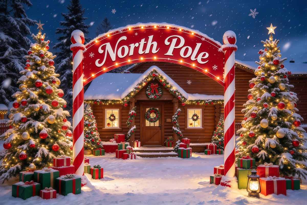 North Pole Photo Backdrop Winter Snow Lodge Gateway Professional Christmas Backdrop GQ610-36
