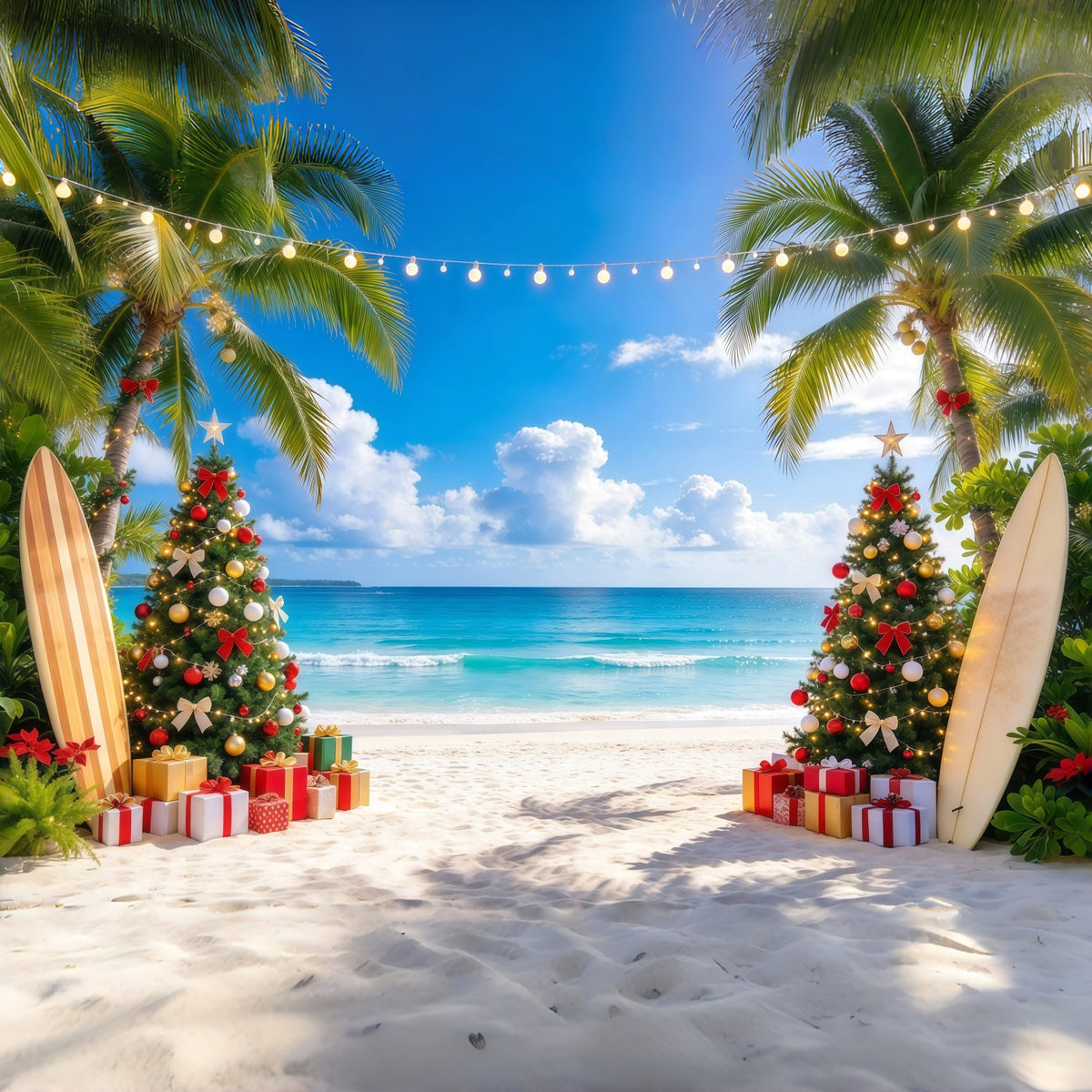 Tropical Christmas Backdrop Palm Tree Surfboard Beach Christmas Backdrops for Photos GQ610-37