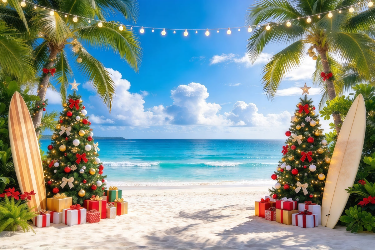 Tropical Christmas Backdrop Palm Tree Surfboard Beach Christmas Backdrops for Photos GQ610-37