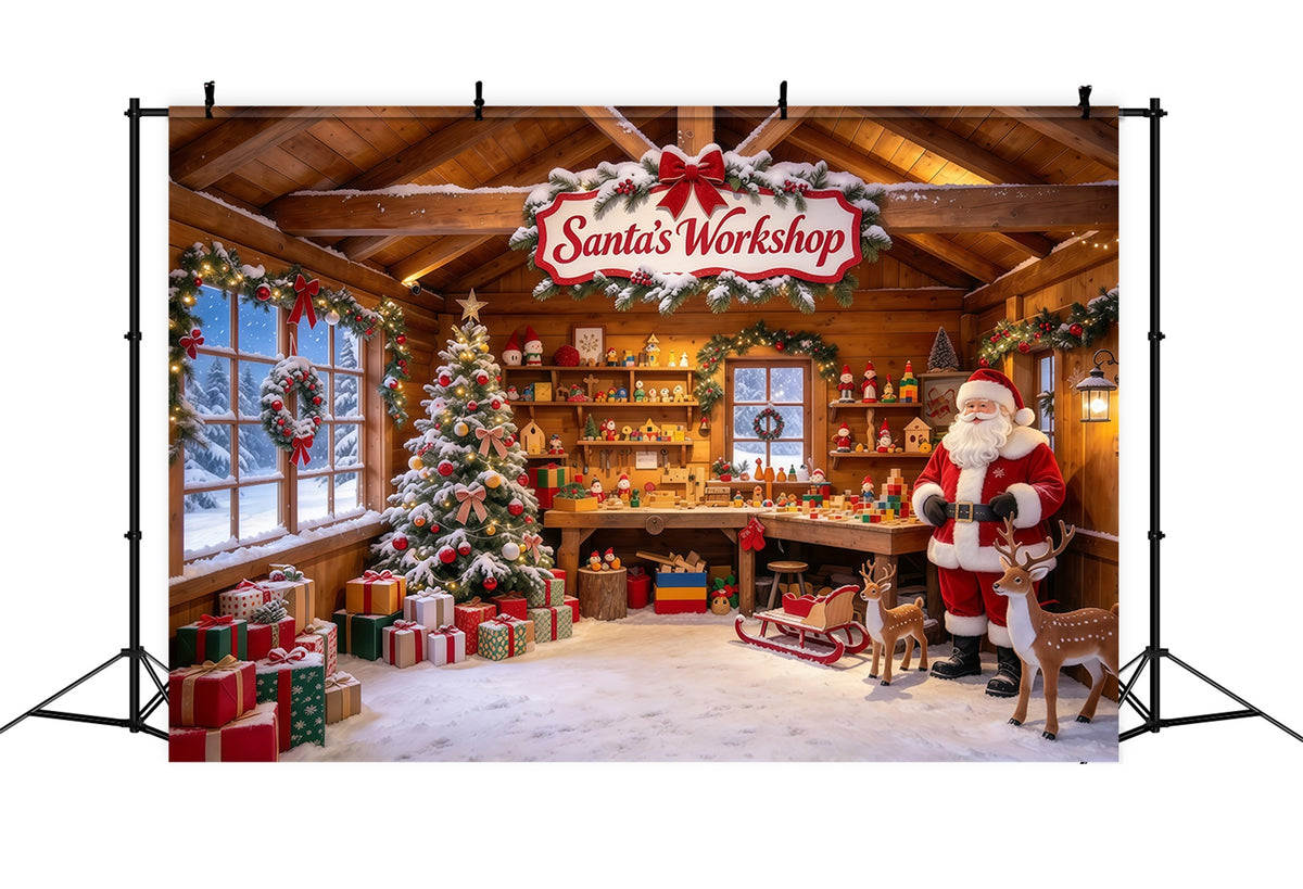 Santa Workshop Backdrop Rustic Toymaking Cabin Interior Christmas Backdrops for Photography GQ610-39