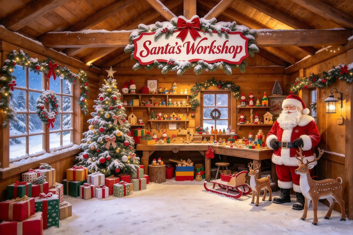 Santa Workshop Backdrop Rustic Toymaking Cabin Interior Christmas Backdrops for Photography GQ610-39
