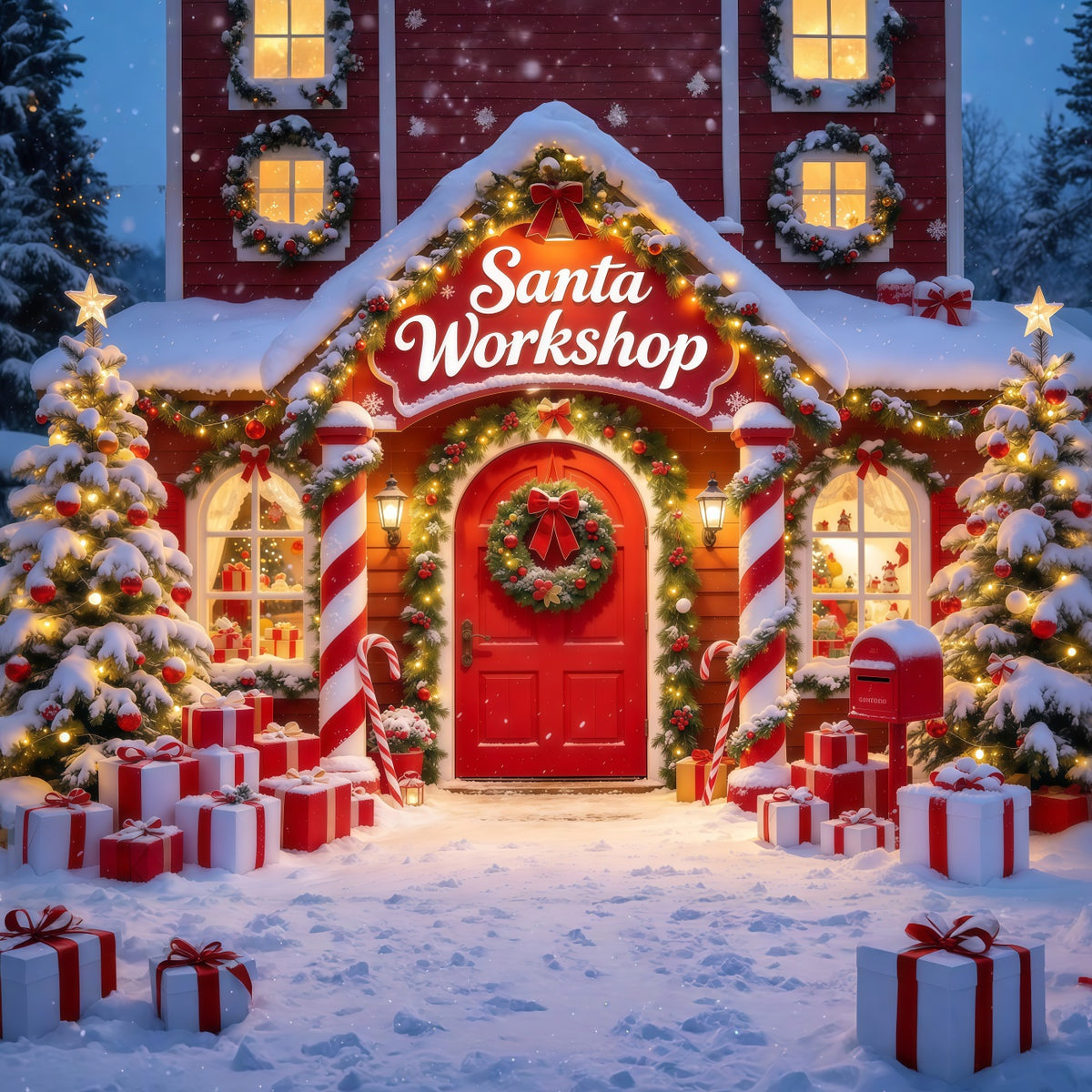 Santa's Workshop Backdrop Candy Cane Cottage Entrance Christmas Red Backdrop GQ610-40