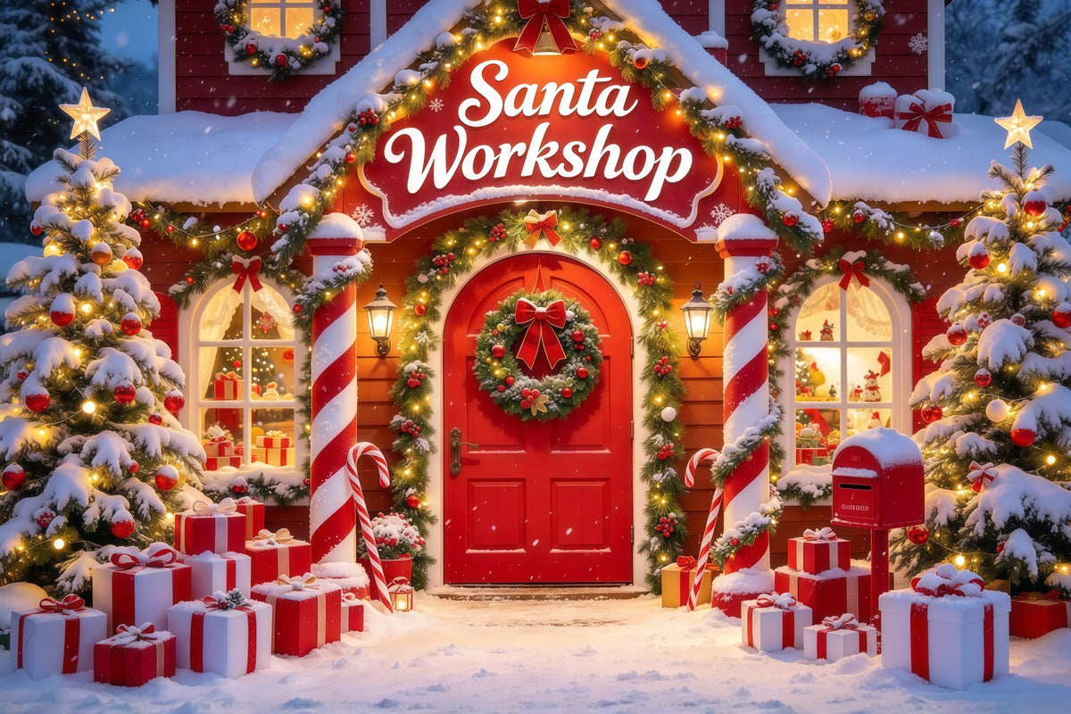 Santa's Workshop Backdrop Candy Cane Cottage Entrance Christmas Red Backdrop GQ610-40