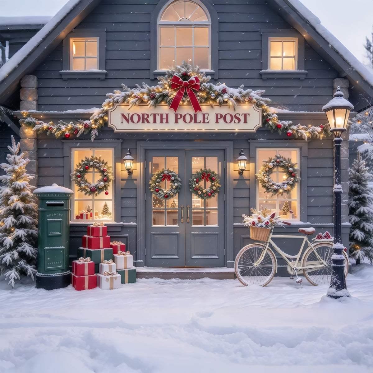 North Pole Photo Backdrop Snowy Post Office Bicycle Christmas Photography Backdrops GQ610-43