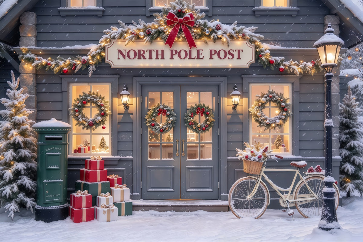 North Pole Photo Backdrop Snowy Post Office Bicycle Christmas Photography Backdrops GQ610-43
