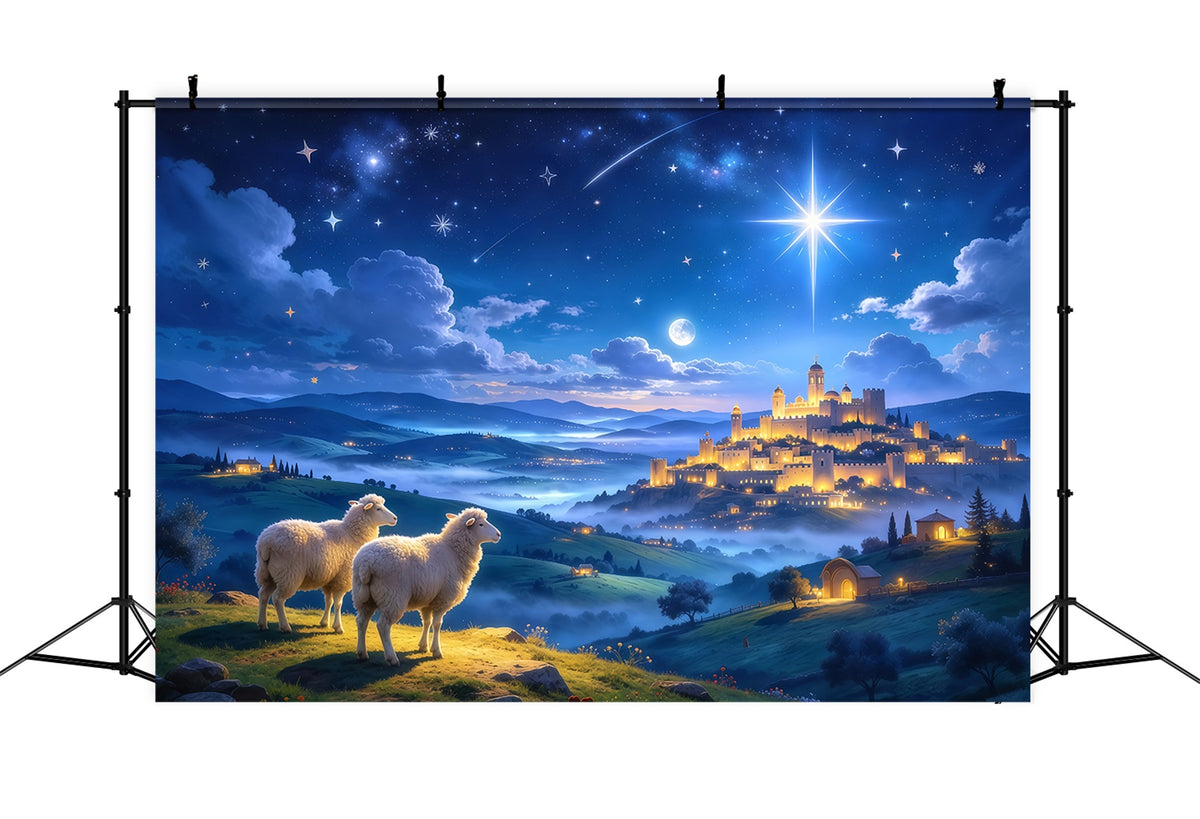 Nativity Scene Backdrop Starlit Castle Shepherd Sheep Christmas Backdrop Photography GQ610-45