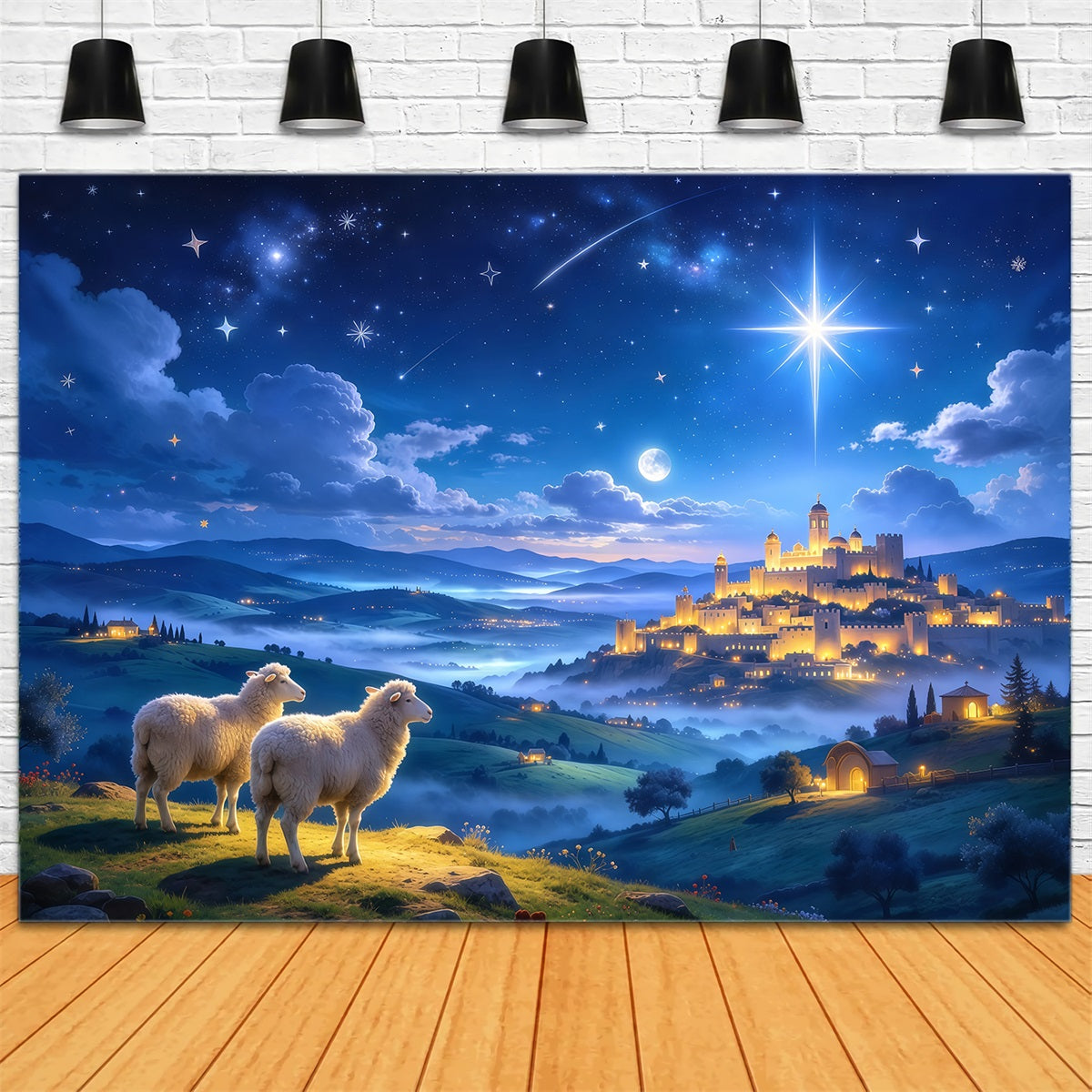 Nativity Scene Backdrop Starlit Castle Shepherd Sheep Christmas Backdrop Photography GQ610-45