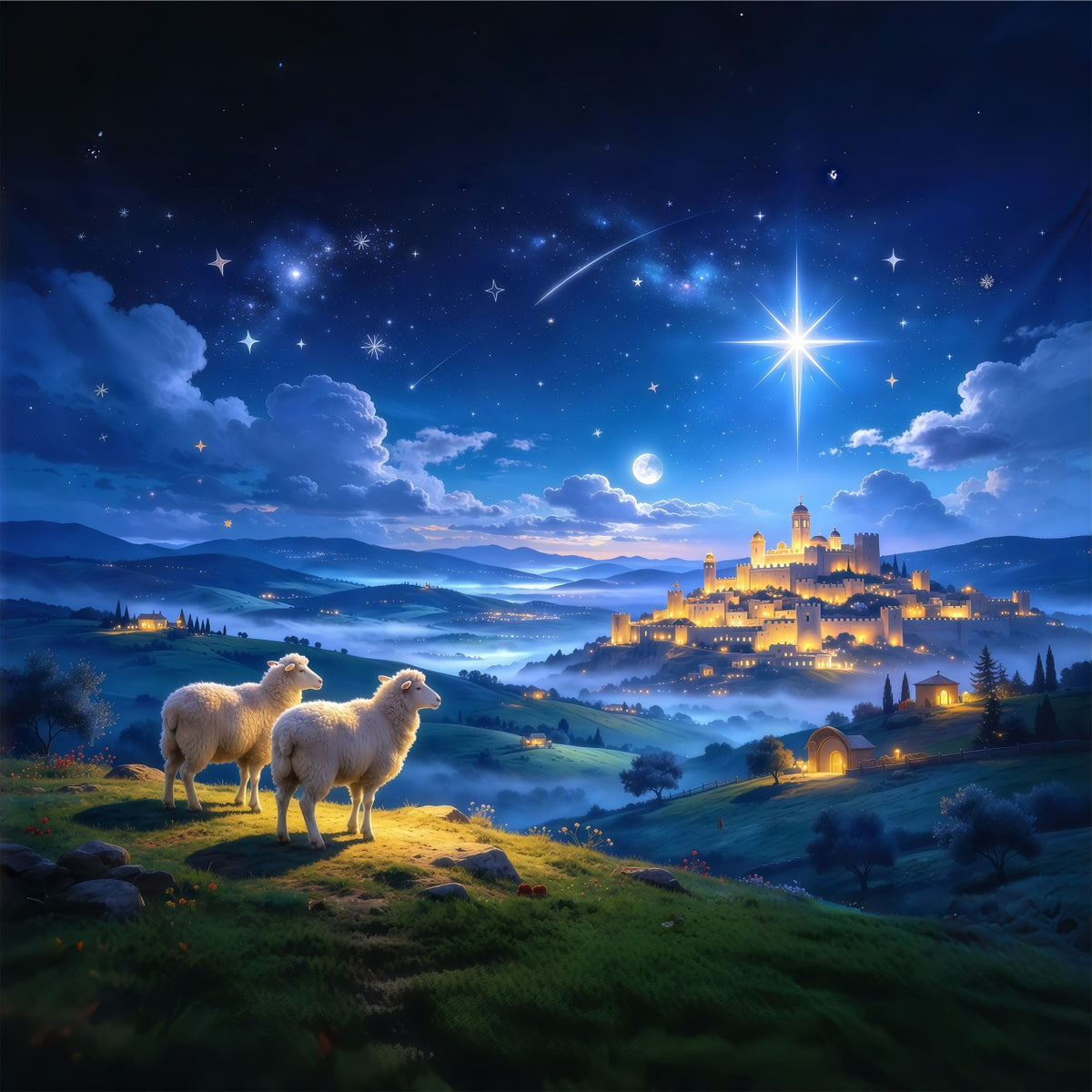Nativity Scene Backdrop Starlit Castle Shepherd Sheep Christmas Backdrop Photography GQ610-45