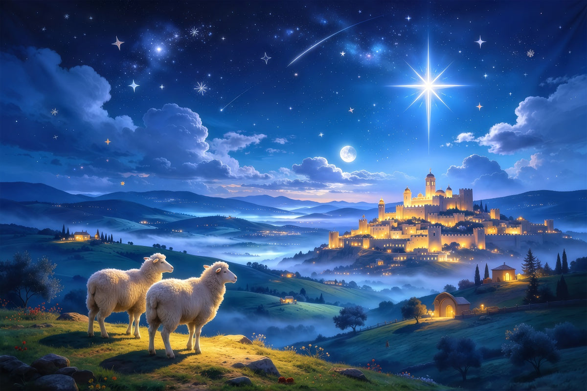 Nativity Scene Backdrop Starlit Castle Shepherd Sheep Christmas Backdrop Photography GQ610-45