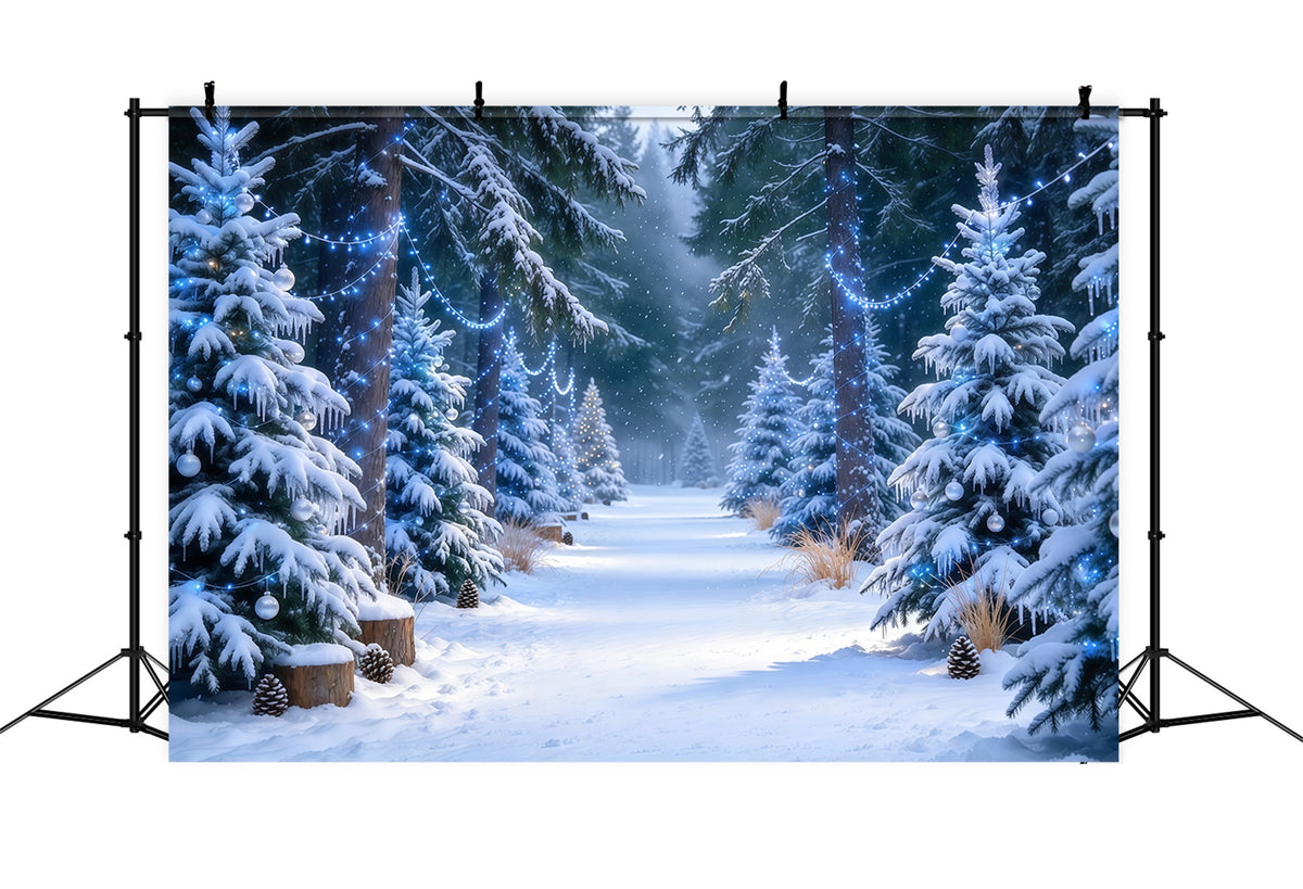 Christmas Tree Farm Backdrop Blue Glow Snowy Pine Forest Christmas Tree Backdrops GQ610-46