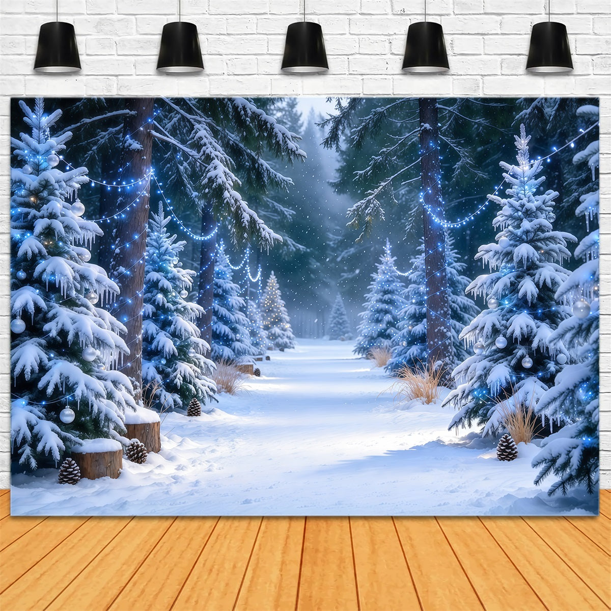 Christmas Tree Farm Backdrop Blue Glow Snowy Pine Forest Christmas Tree Backdrops GQ610-46