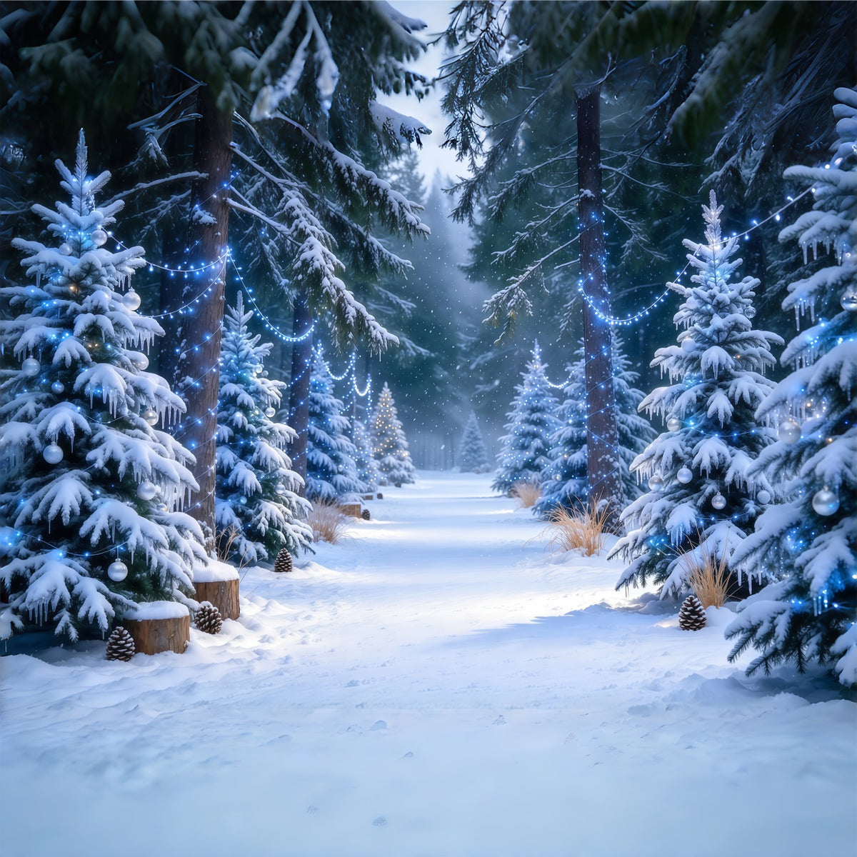Christmas Tree Farm Backdrop Blue Glow Snowy Pine Forest Christmas Tree Backdrops GQ610-46