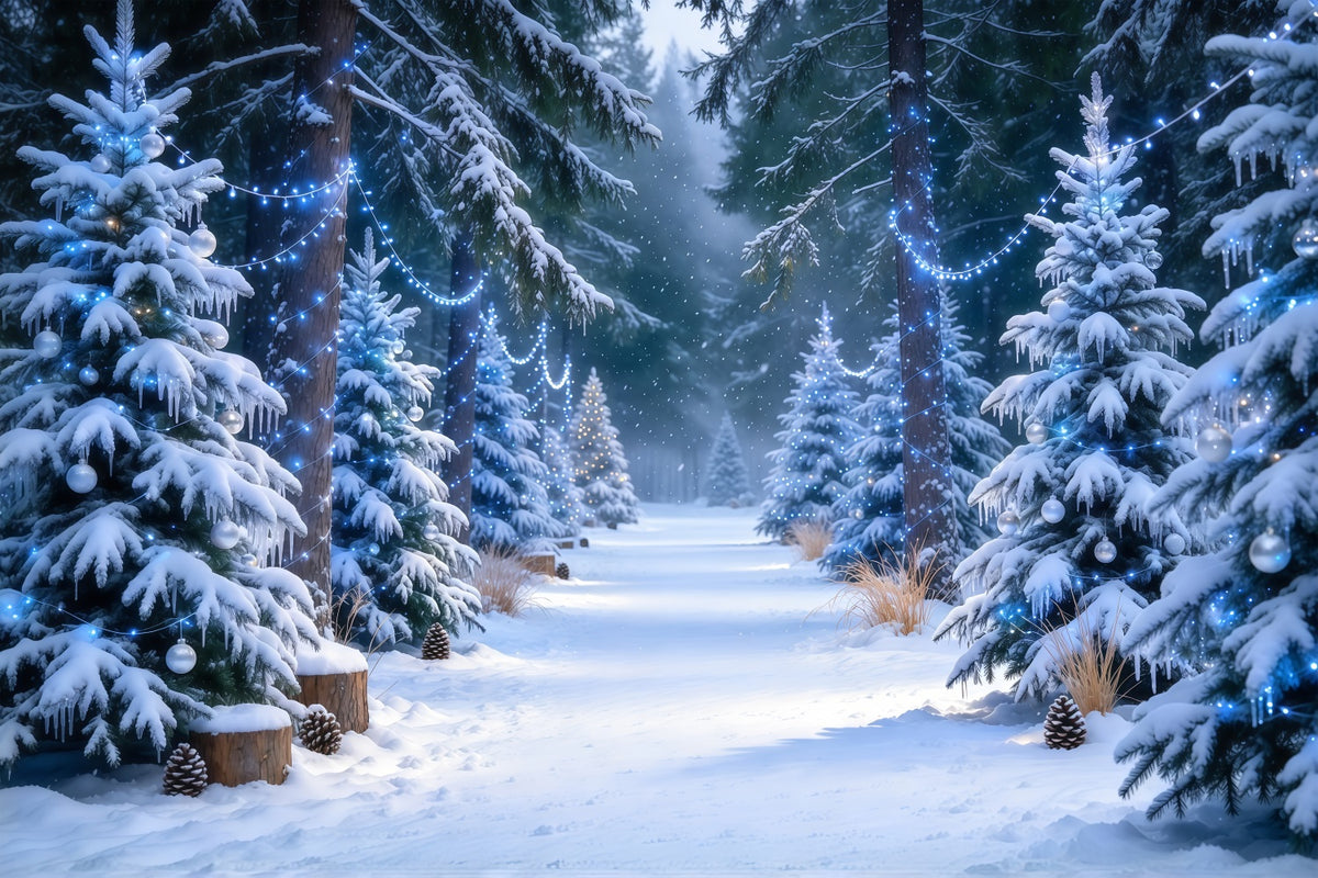 Christmas Tree Farm Backdrop Blue Glow Snowy Pine Forest Christmas Tree Backdrops GQ610-46