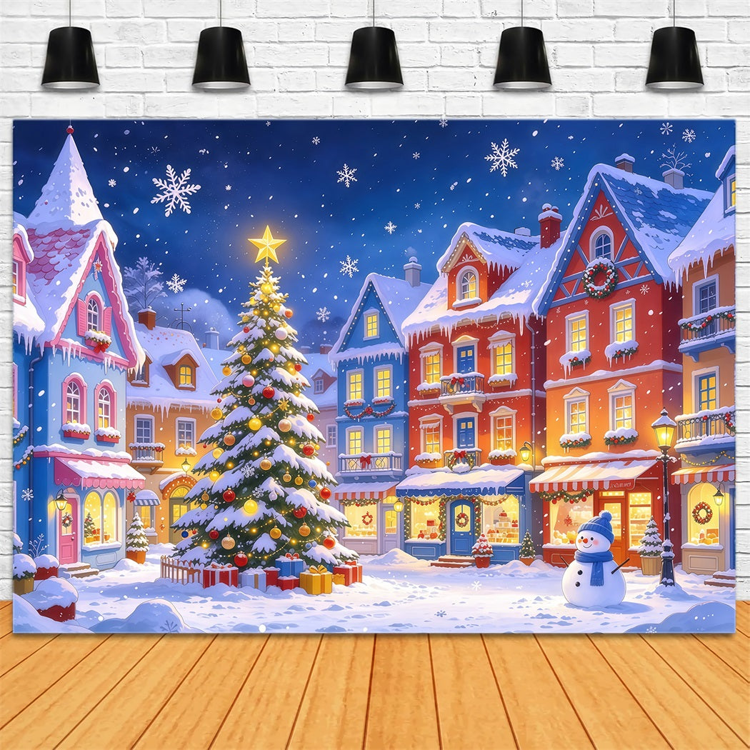Christmas Town Backdrops Colorful Snowy Village Square Christmas Picture Backdrop GQ610-47