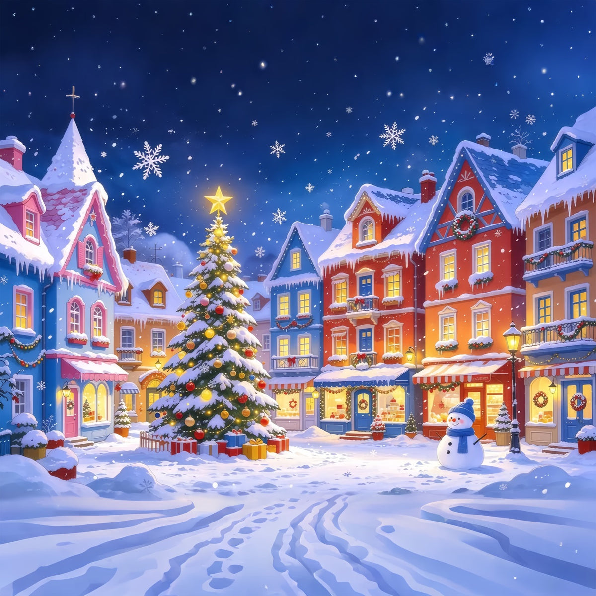 Christmas Town Backdrops Colorful Snowy Village Square Christmas Picture Backdrop GQ610-47