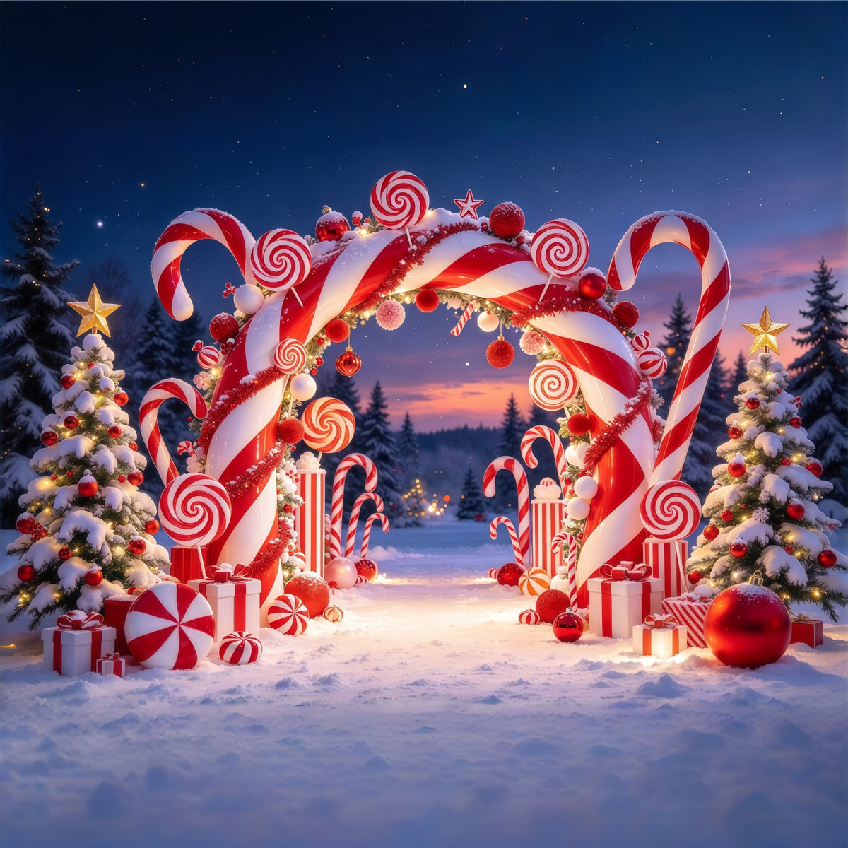 Christmas Candy Cane Backdrop Snowy Candyland Archway Christmas Party Backdrop GQ610-48
