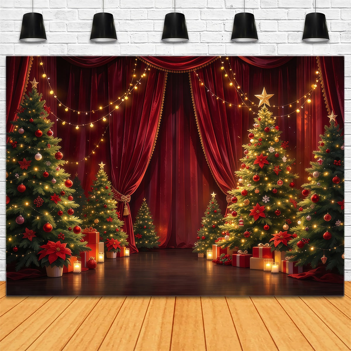Christmas Backdrop for Photography Crimson Curtain Evergreen Display Christmas Stage Backdrops GQ610-49