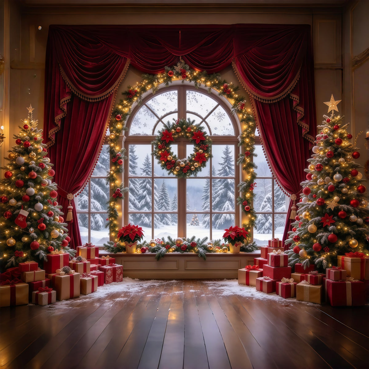 Christmas Backdrops Burgundy Curtain Wreath Window Christmas Backdrop for Photos GQ610-5