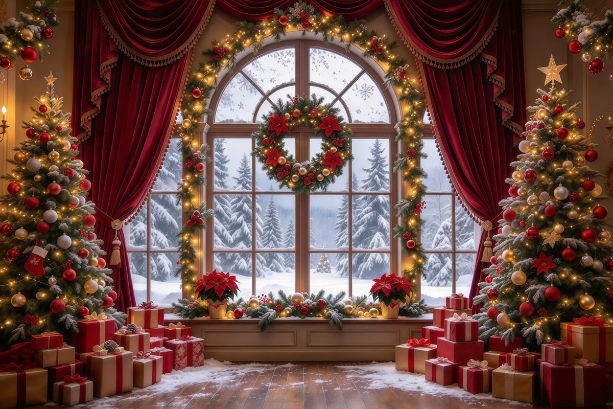 Christmas Backdrops Burgundy Curtain Wreath Window Christmas Backdrop for Photos GQ610-5